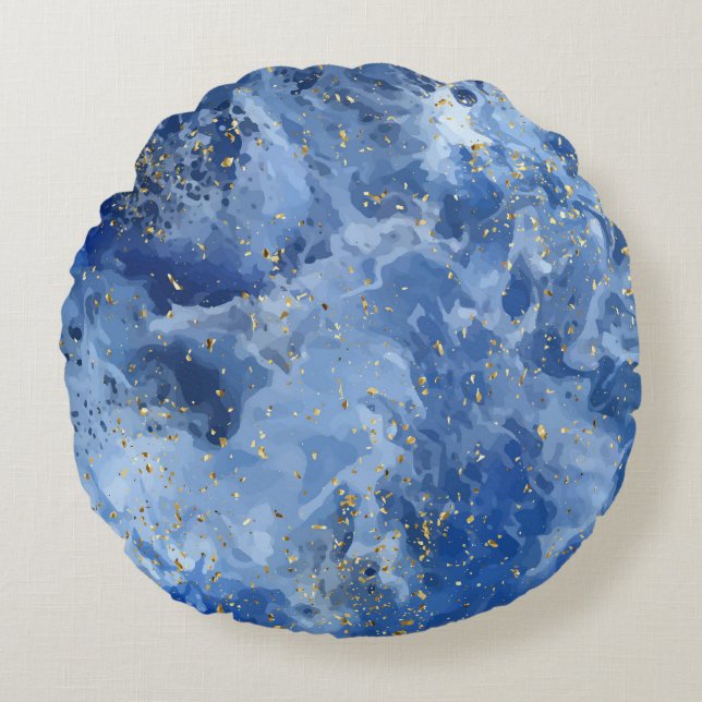 Blue marble and gold texture round cushion (Front)