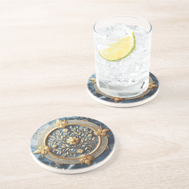 Blue Marble And Gold Trim Coaster (Side)