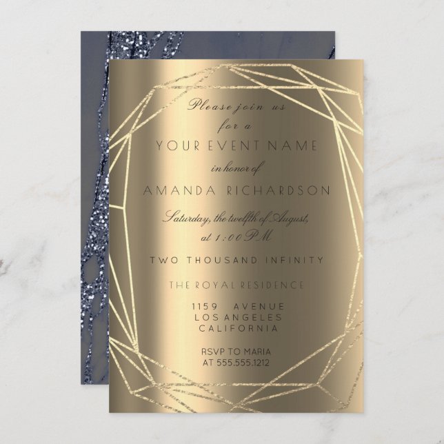 Blue Marble Bridal Birthday Diamond Frame Gold Invitation (Front/Back)