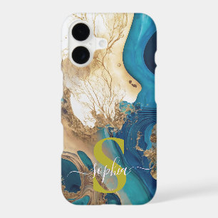 blue marble chic gold glitter monogram