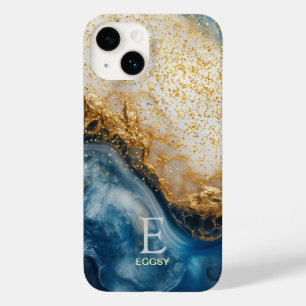 Blue marble chic gold glitter monogram Case-Mate iPhone 14 case
