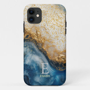 Blue marble chic gold glitter monogram iPhone 11 case