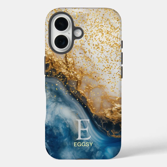 Blue marble chic gold glitter monogram  Case-Mate iPhone case (Back)