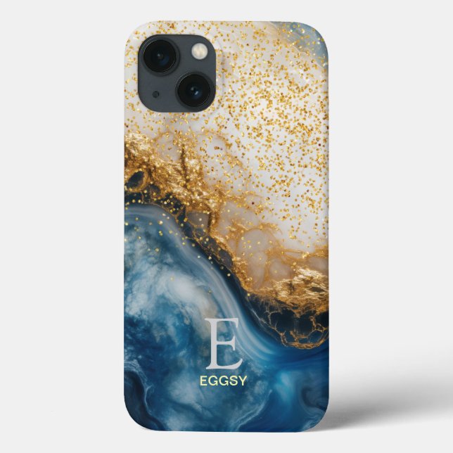 Blue marble chic gold glitter monogram Case-Mate iPhone case (Back)