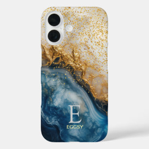 Blue marble chic gold glitter monogram iPhone 16 case