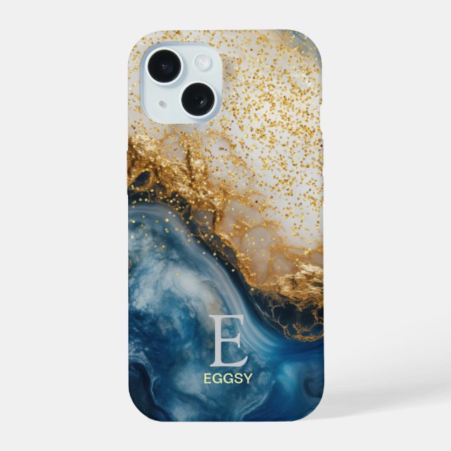 Blue marble chic gold glitter monogram iPhone 15 case (Back)