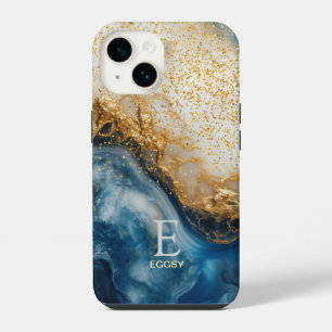 Blue marble chic gold glitter monogram iPhone 14 case