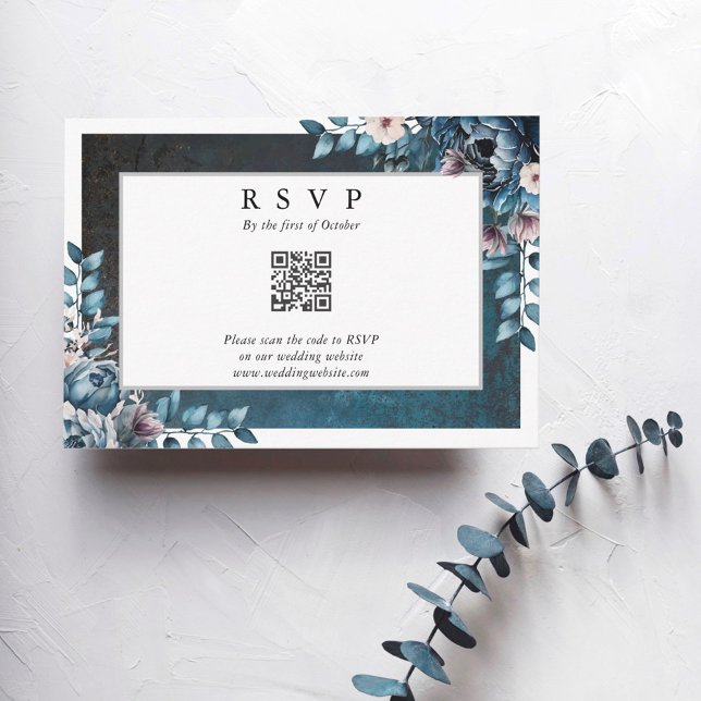 Blue Marble Elegant Wedding RSVP QR Code Card (Creator Uploaded)