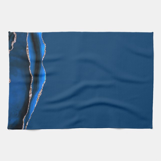 Blue Marble Gilded Black Agate Tea Towel (Horizontal)