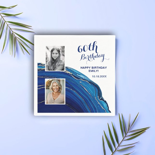 Blue Marble Glitter 2 Photo Birthday Party Napkin (Creator Uploaded)