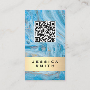 Blue Marble Gold Brushed QR Label Business Card