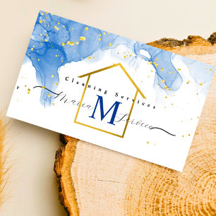 Blue marble golden house design cleaning service  business card