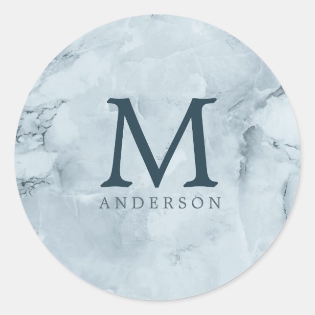 blue marble masculine double monogram classic round sticker (Front)