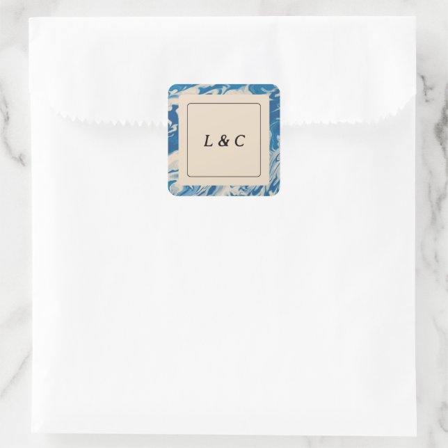 Blue Marble Modern Coastal Wedding Favour Square Sticker (Bag)