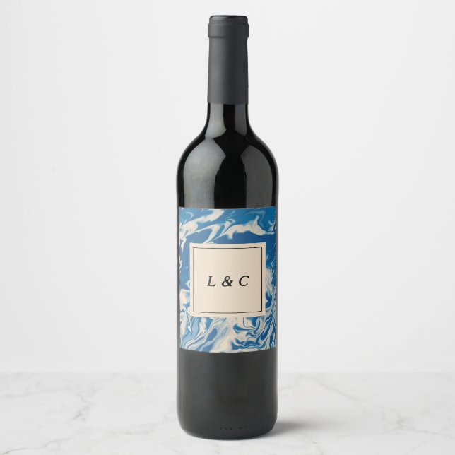 Blue Marble Modern Coastal Wedding Wine Label (Front)