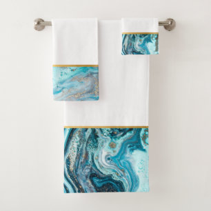 BLUE MARBLE OCEAN SWIRL BATHROOM TOWEL SET