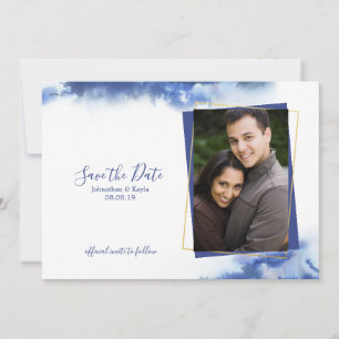 Blue Marble Ombre Gold Frame Save the Date Announcement