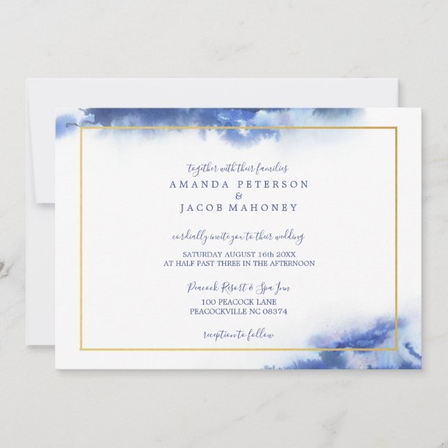 Blue Marble Ombre Gold Frame Wedding Announcement (Front)