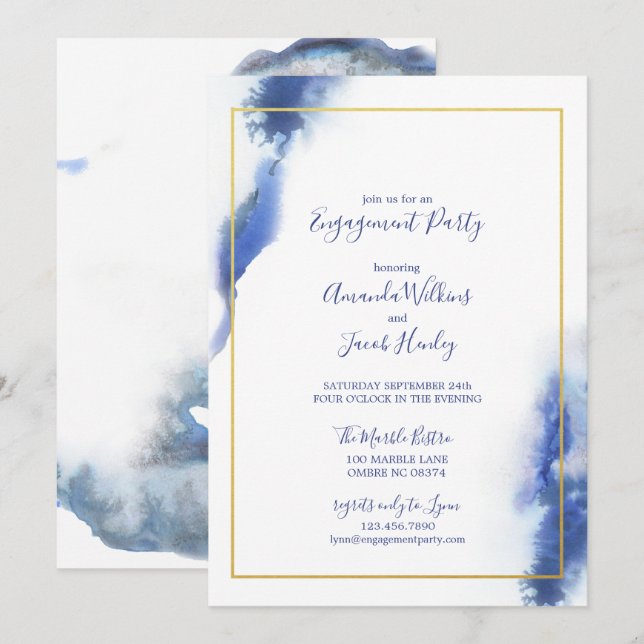 Blue Marble Ombre Gold Wedding Engagement Party Invitation (Front/Back)