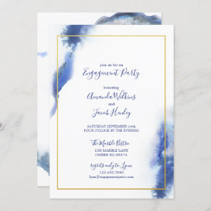 Blue Marble Ombre Gold Wedding Engagement Party Invitation