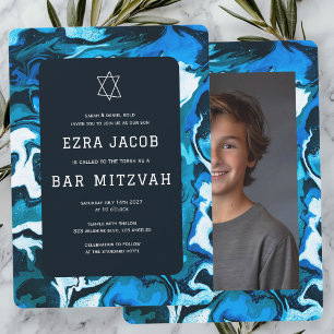 Blue Marble Paint Custom Photo Bar Bat Mitzvah Invitation