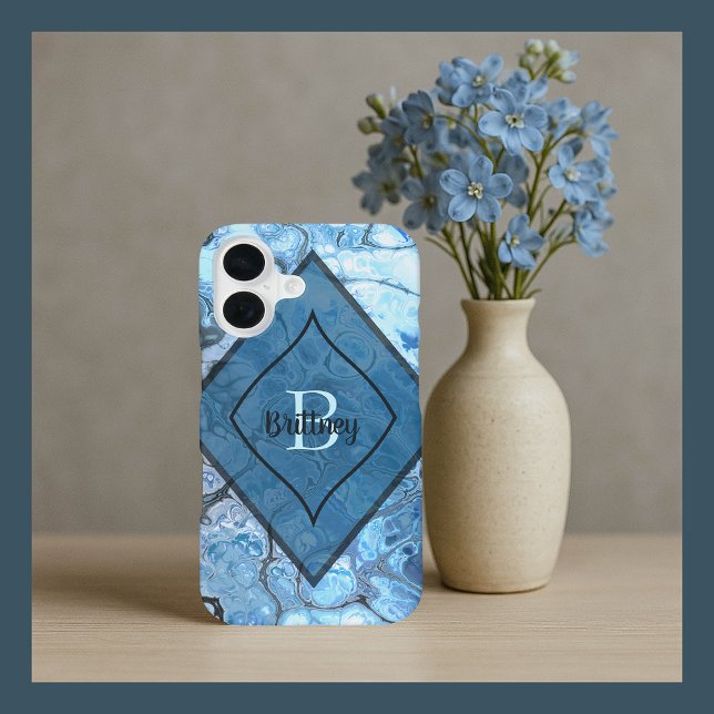 Blue Marble Pattern with Custom Name and Initial iPhone 16 Case (Creator Uploaded)