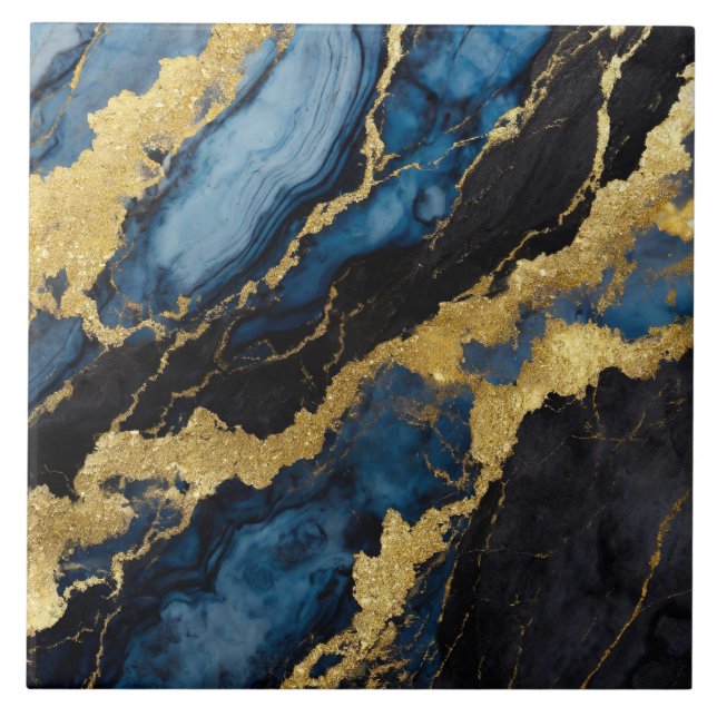Blue Marble Pattern with Gold Ceramic Tile (Front)