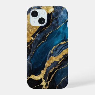 Blue Marble Pattern with Gold iPhone 15 Case