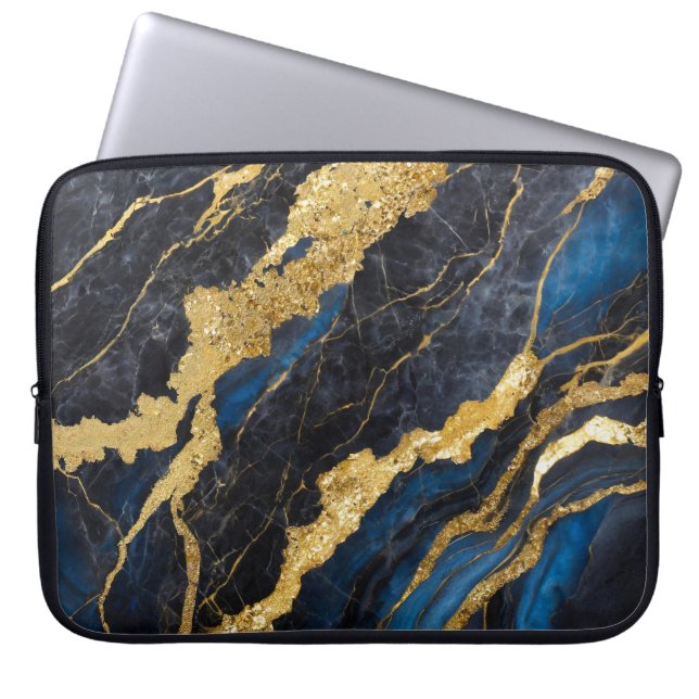 Blue Marble Pattern with Gold Laptop Sleeve (Front)
