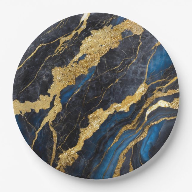 Blue Marble Pattern with Gold Paper Plate (Front)