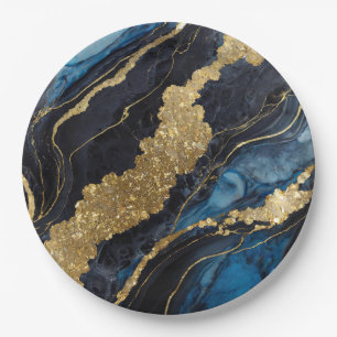 Blue Marble Pattern with Gold Paper Plate