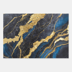 Blue Marble Pattern with Gold Wrapping Paper Sheet