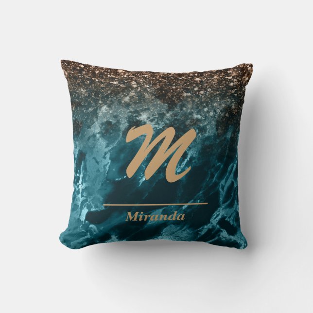 Blue Marble rose gold glitter Mongram personalised Cushion (Front)