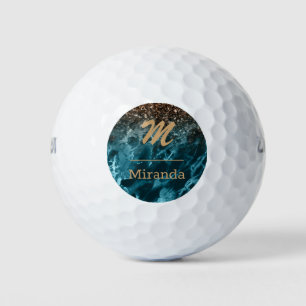 Blue Marble rose gold glitter Mongram personalised Golf Balls