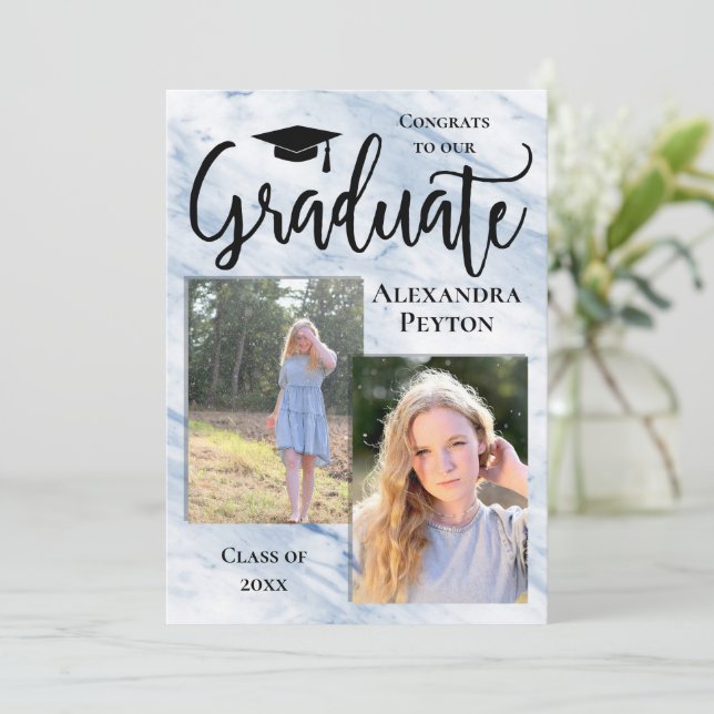 Blue Marble Script 2 Photo Graduation Invitation (Standing Front)