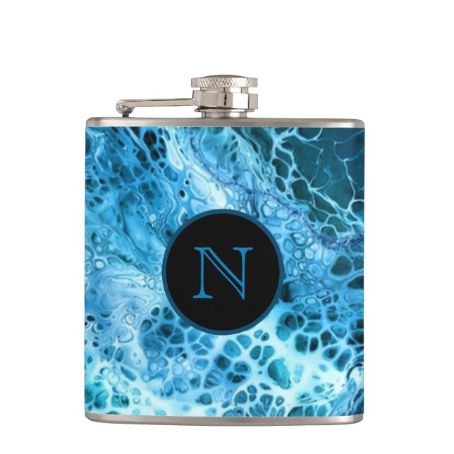 Blue Marble Splash Monogrammed Hip Flask (Front)