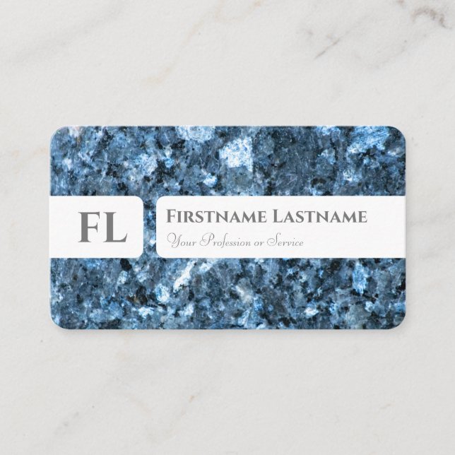 Blue marble structure monogram interior designer business card (Front)