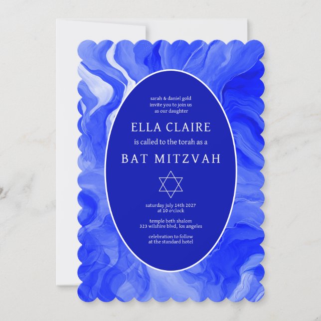 Blue Marble Swirls Star of David Bar Bat Mitzvah Invitation (Front)