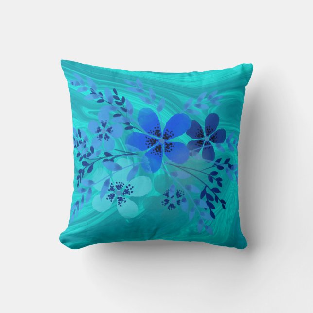 Blue Marble Watercolor Flowers Cushion (Front)