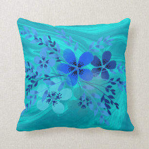 Blue Marble Watercolor Flowers Cushion