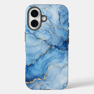 Blue Marble Watercolor Pattern with Gold Veins iPhone 16 Case