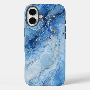 Blue Marble Watercolor Pattern with Gold Veins iPhone 16 Plus Case