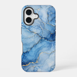 Blue Marble Watercolor Pattern with Gold Veins iPhone 16 Case