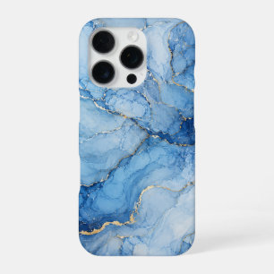 Blue Marble Watercolor Pattern with Gold Veins iPhone 16 Pro Case