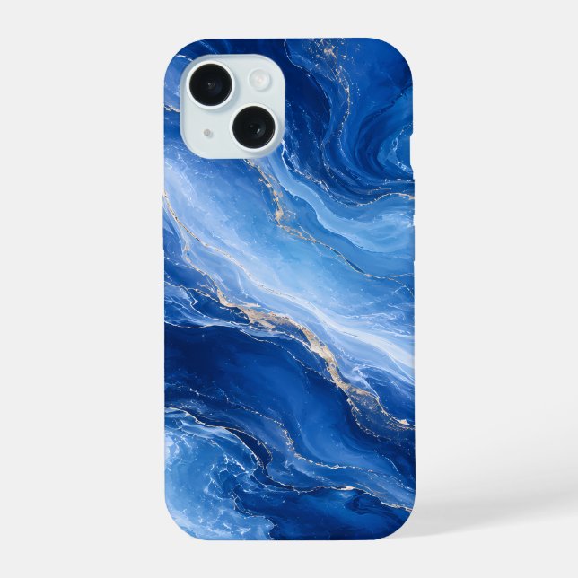 Blue Marble Waves Luxury Abstract iPhone 15 Case (Back)