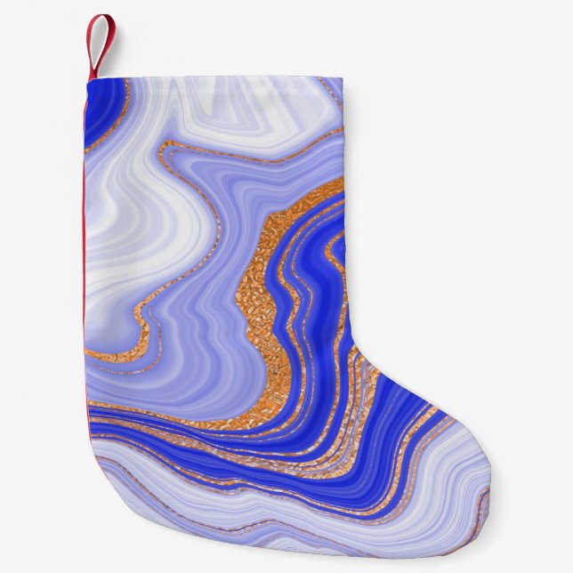 Blue marble with gold texture small christmas stocking (Front)