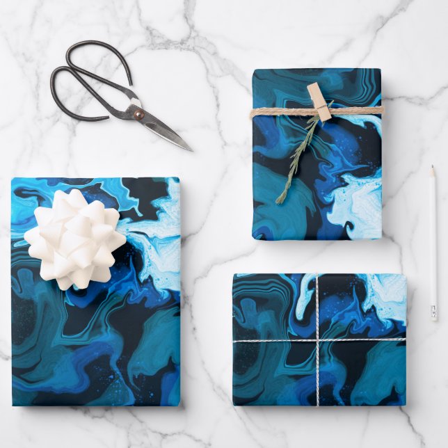Blue Marbled Brushstrokes Handmade  Wrapping Paper Sheet (Front)