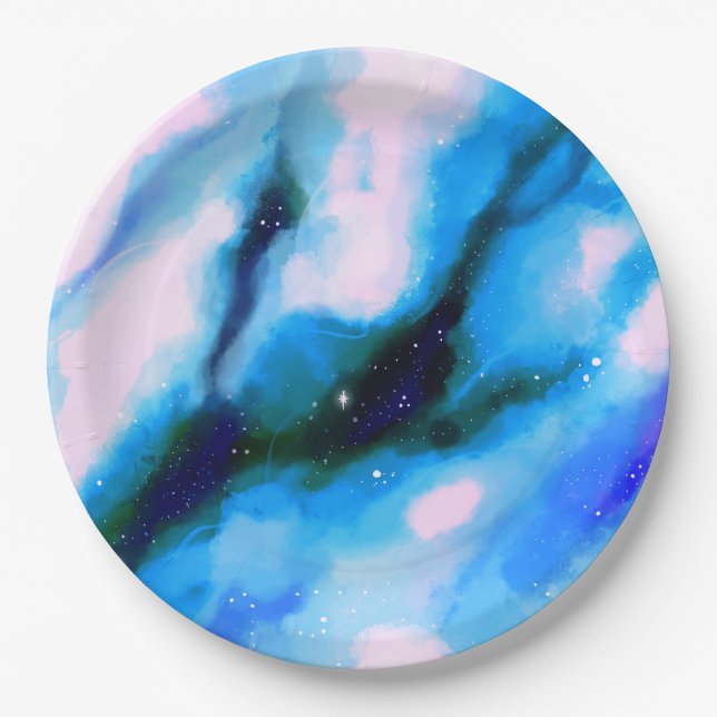Blue Marbled Outer Space Abstract Background Paper Plate (Front)