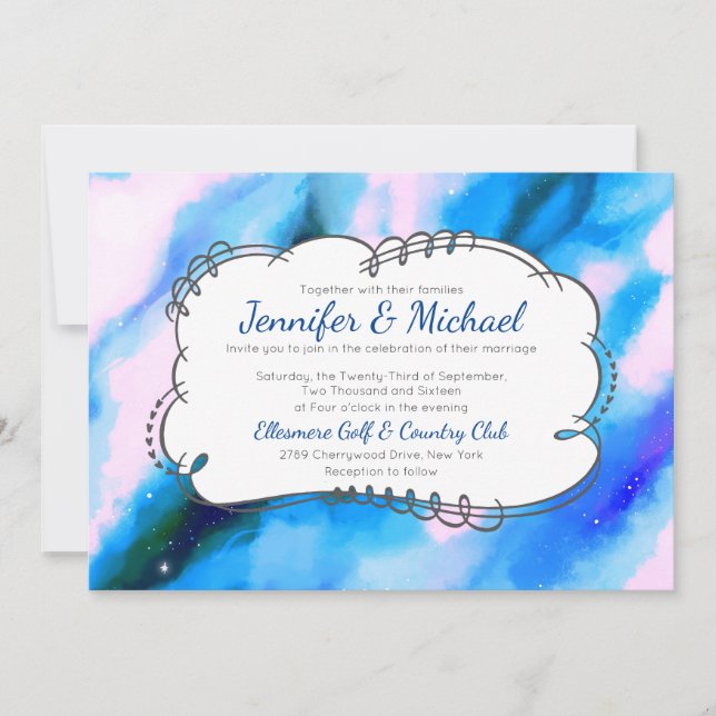 Blue Marbled Outer Space Abstract Wedding Invite (Front)