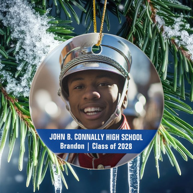 Blue Marching Band Photo Personalized Christmas Ceramic Ornament (Creator Uploaded)